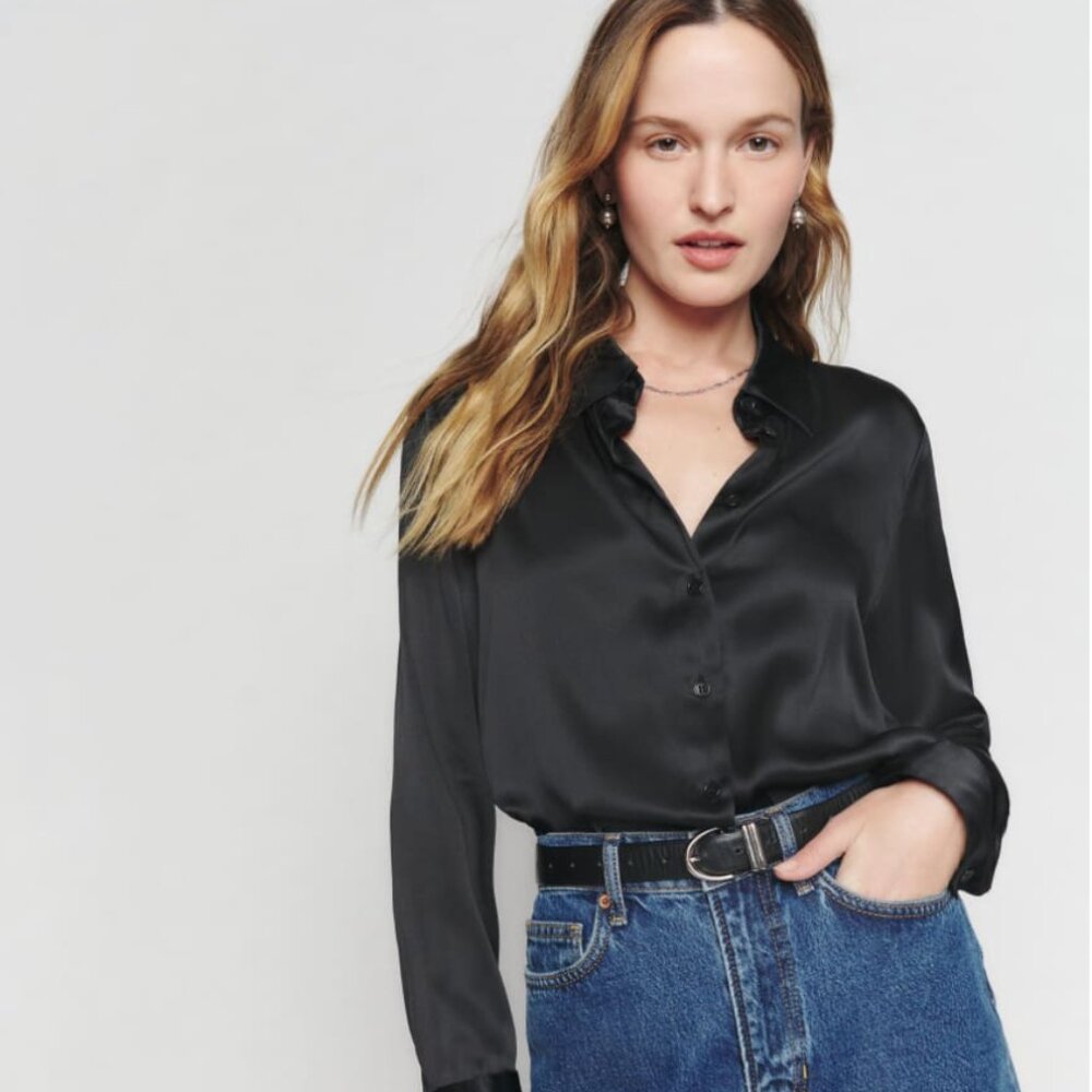 Reformation Sky Silk Top  - Black - Sz Extra Small